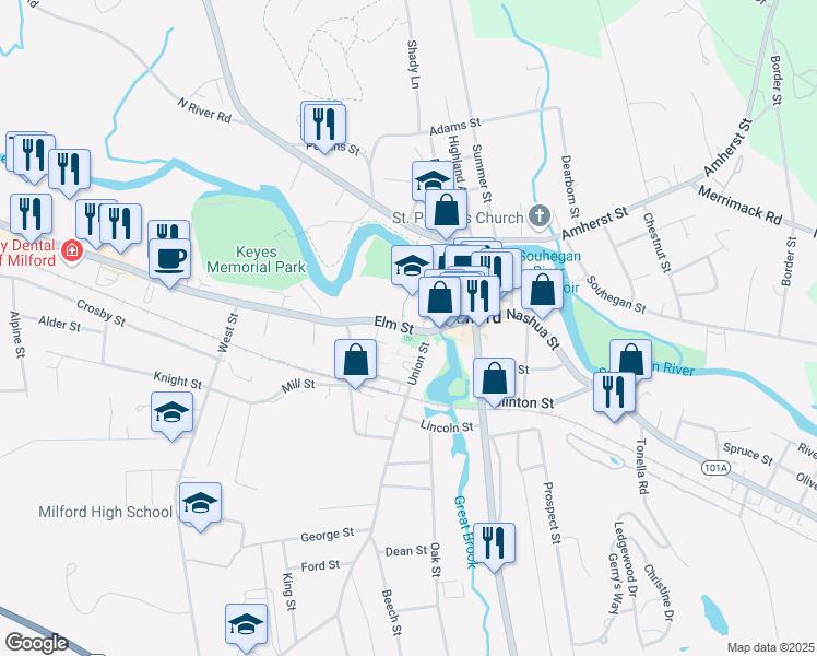 map of restaurants, bars, coffee shops, grocery stores, and more near 9 Elm Street in Milford