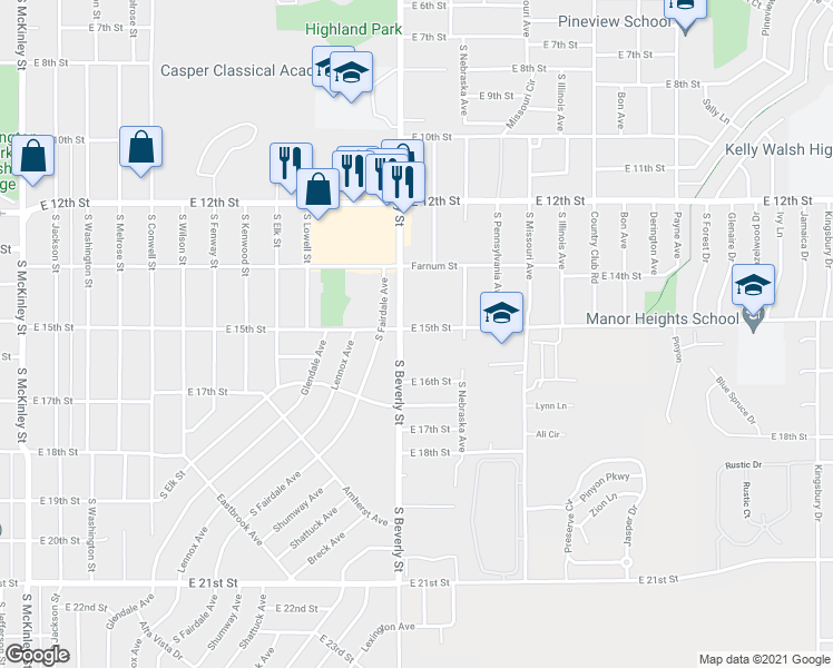 map of restaurants, bars, coffee shops, grocery stores, and more near 1531 South Beverly Street in Casper
