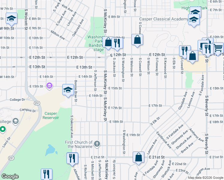 map of restaurants, bars, coffee shops, grocery stores, and more near 1037 East 15th Street in Casper
