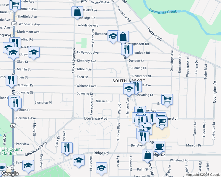map of restaurants, bars, coffee shops, grocery stores, and more near 130 Whitehall Avenue in Buffalo