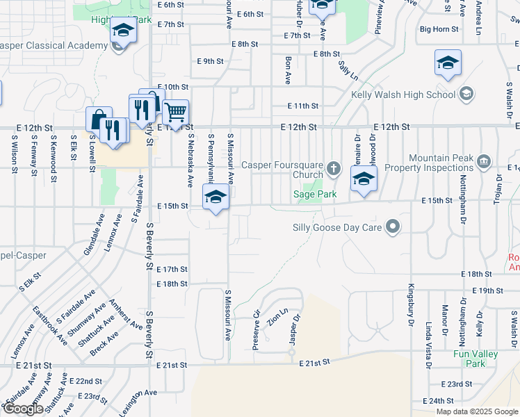 map of restaurants, bars, coffee shops, grocery stores, and more near 1461 South Illinois Avenue in Casper