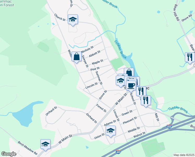 map of restaurants, bars, coffee shops, grocery stores, and more near 14 Prospect Street in Merrimac