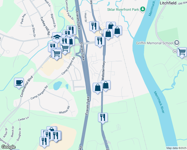 map of restaurants, bars, coffee shops, grocery stores, and more near 75 Gunstock Ridge in Merrimack