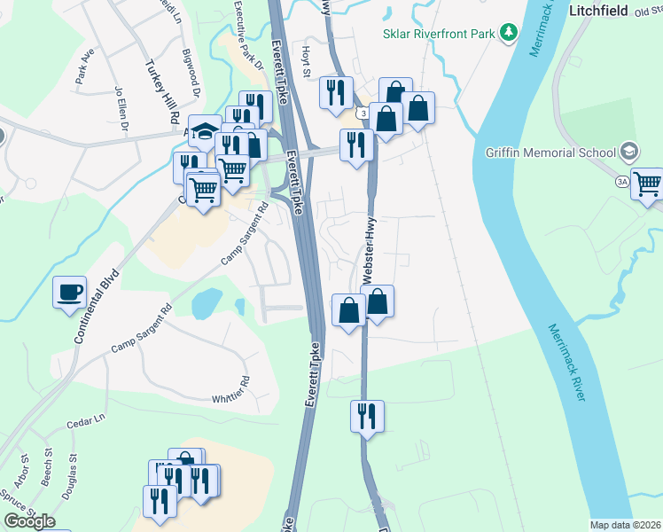 map of restaurants, bars, coffee shops, grocery stores, and more near 75 Gunstock Ridge in Merrimack