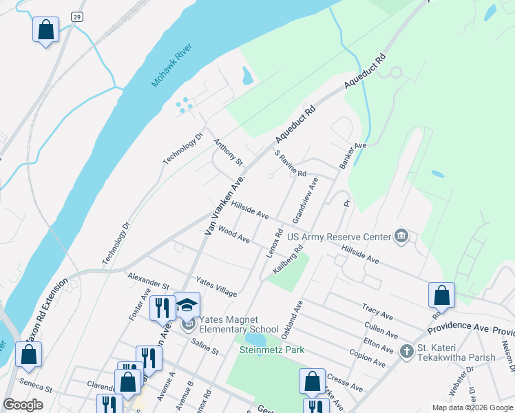 map of restaurants, bars, coffee shops, grocery stores, and more near 1201 Hillside Avenue in Schenectady