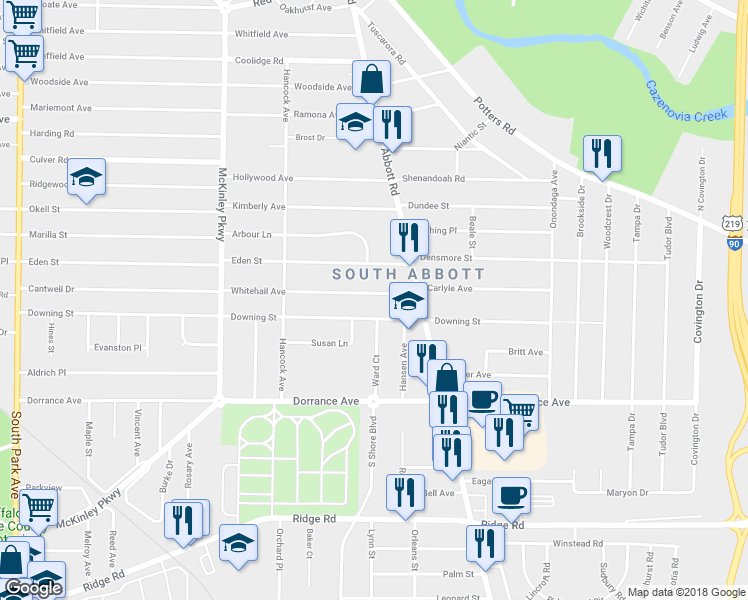 map of restaurants, bars, coffee shops, grocery stores, and more near 172 Whitehall Avenue in Buffalo