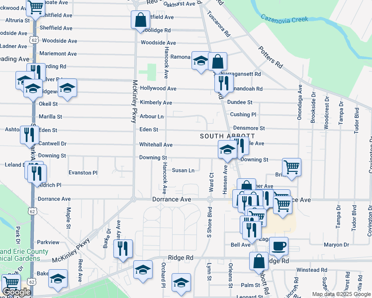 map of restaurants, bars, coffee shops, grocery stores, and more near 130 Whitehall Avenue in Buffalo
