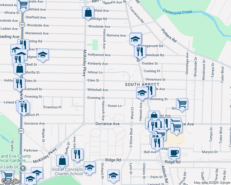 map of restaurants, bars, coffee shops, grocery stores, and more near 90 Whitehall Avenue in Buffalo