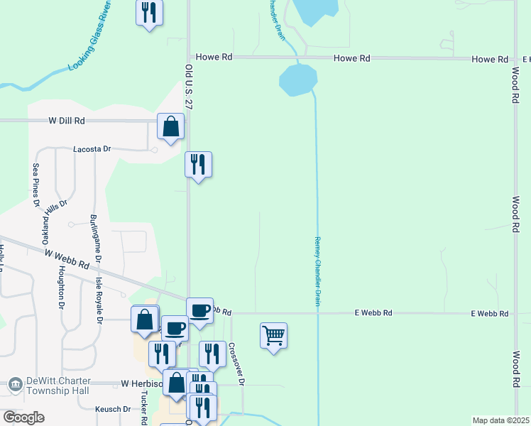 map of restaurants, bars, coffee shops, grocery stores, and more near 12421 Kruger Lane in DeWitt