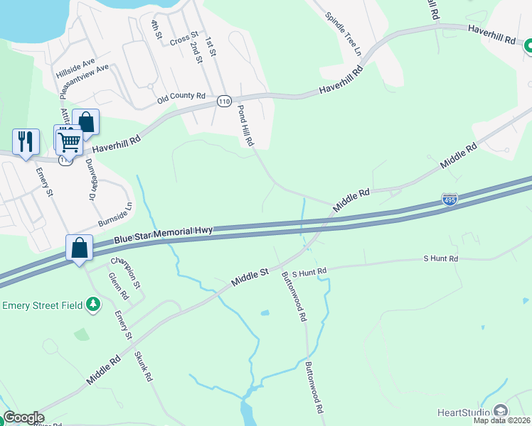 map of restaurants, bars, coffee shops, grocery stores, and more near Blue Star Memorial Highway in Amesbury
