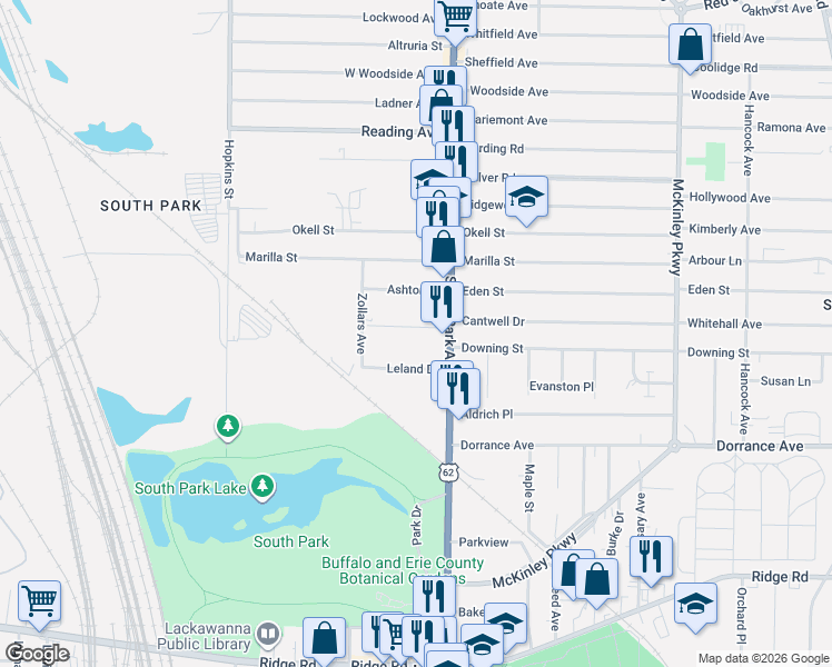 map of restaurants, bars, coffee shops, grocery stores, and more near 55 Dallas Road in Buffalo