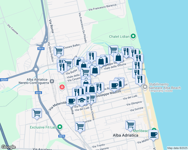 map of restaurants, bars, coffee shops, grocery stores, and more near 80 Via Battisti in Alba Adriatica