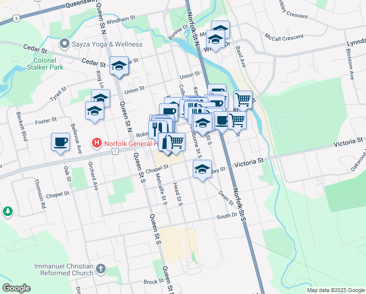 map of restaurants, bars, coffee shops, grocery stores, and more near in Simcoe