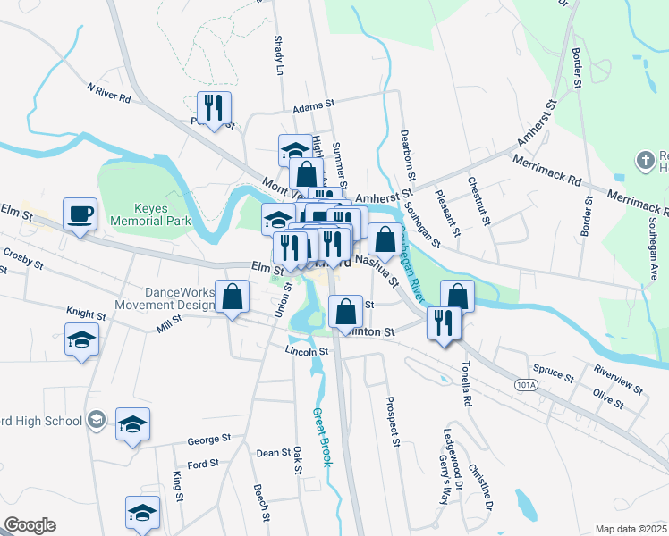 map of restaurants, bars, coffee shops, grocery stores, and more near 12 South Street in Milford
