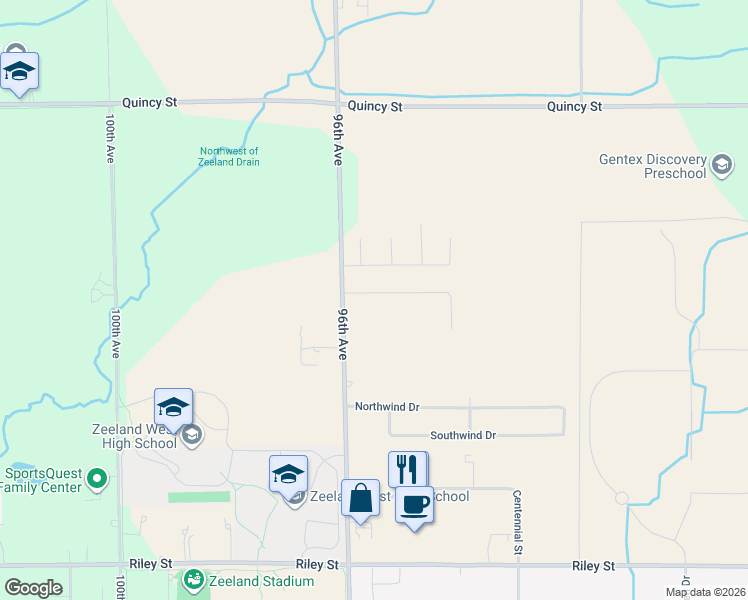 map of restaurants, bars, coffee shops, grocery stores, and more near 3670 96th Avenue in Zeeland
