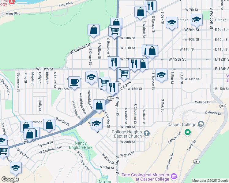 map of restaurants, bars, coffee shops, grocery stores, and more near 1444 South Boxelder Street in Casper