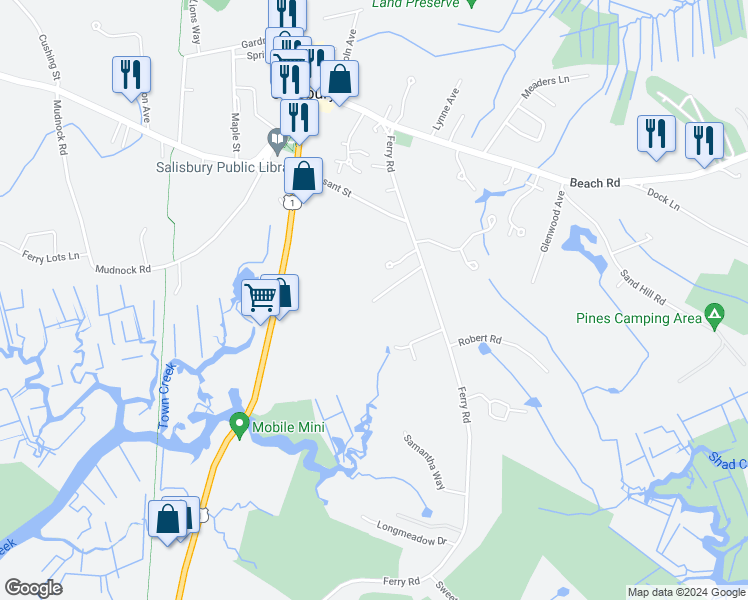 map of restaurants, bars, coffee shops, grocery stores, and more near 50 Douglas Avenue in Salisbury