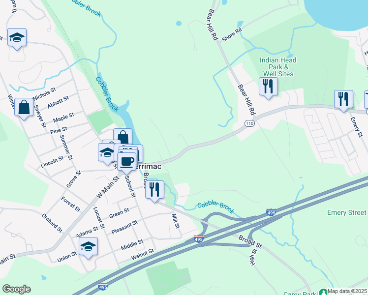 map of restaurants, bars, coffee shops, grocery stores, and more near 46 East Main Street in Merrimac
