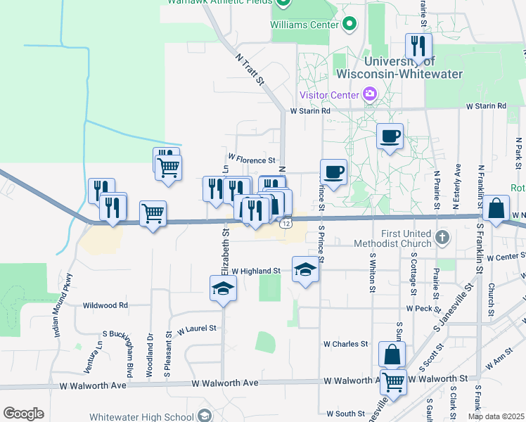 map of restaurants, bars, coffee shops, grocery stores, and more near 1132 West Main Street in Whitewater