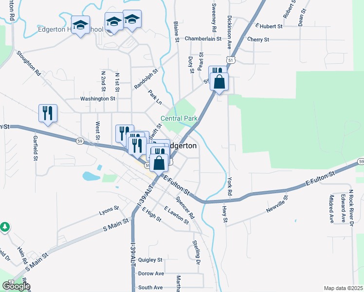 map of restaurants, bars, coffee shops, grocery stores, and more near 205 North Main Street in Edgerton