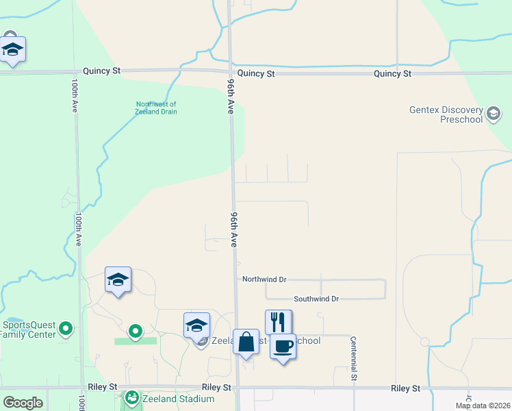 map of restaurants, bars, coffee shops, grocery stores, and more near 9506 Townline Court in Zeeland