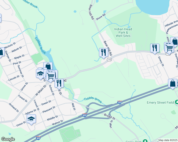 map of restaurants, bars, coffee shops, grocery stores, and more near 61 East Main Street in Merrimac