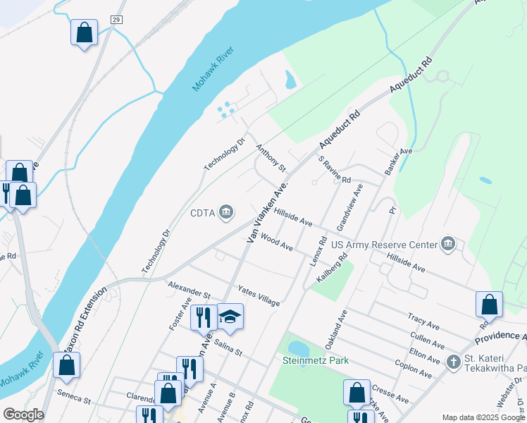 map of restaurants, bars, coffee shops, grocery stores, and more near 2502 Van Vranken Avenue in Schenectady