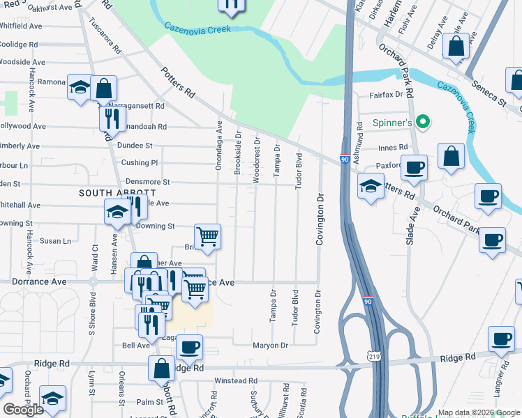 map of restaurants, bars, coffee shops, grocery stores, and more near 112 Woodcrest Drive in Buffalo
