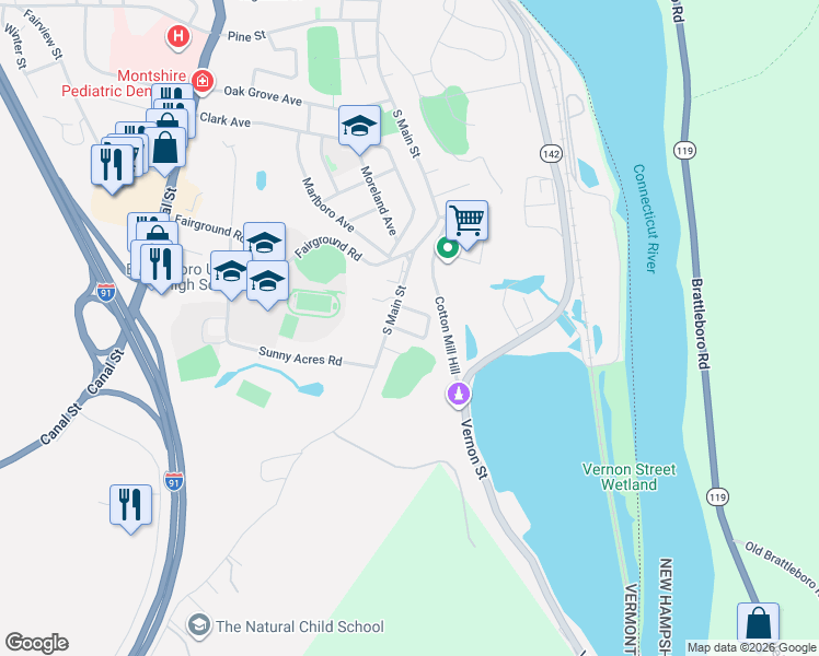 map of restaurants, bars, coffee shops, grocery stores, and more near 5 Riverview Street in Brattleboro