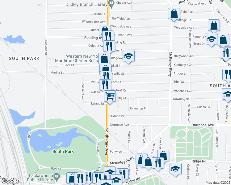 map of restaurants, bars, coffee shops, grocery stores, and more near 25 Cantwell Drive in Buffalo