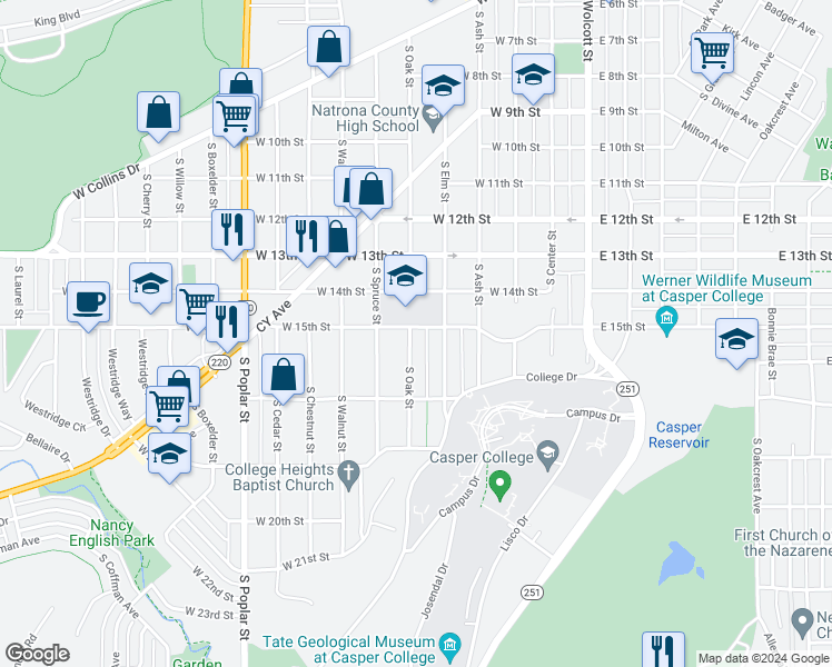 map of restaurants, bars, coffee shops, grocery stores, and more near 1505 South Oak Street in Casper