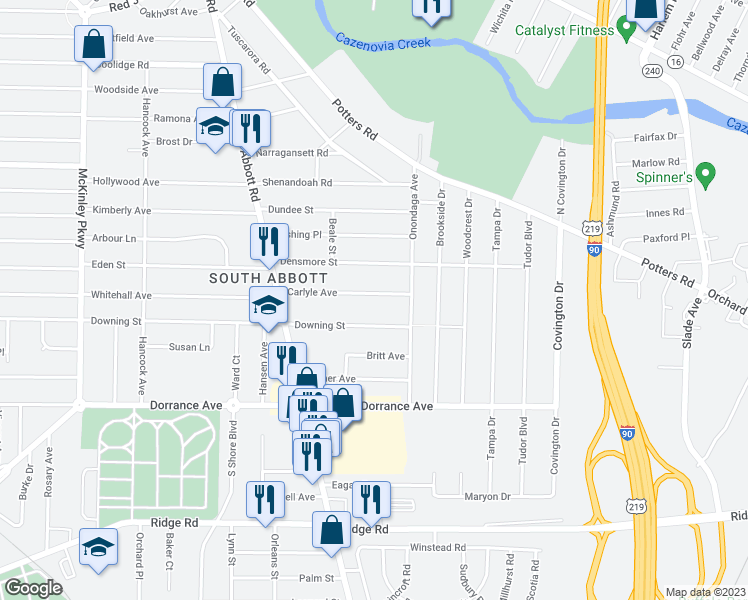 map of restaurants, bars, coffee shops, grocery stores, and more near 105 Carlyle Avenue in Buffalo