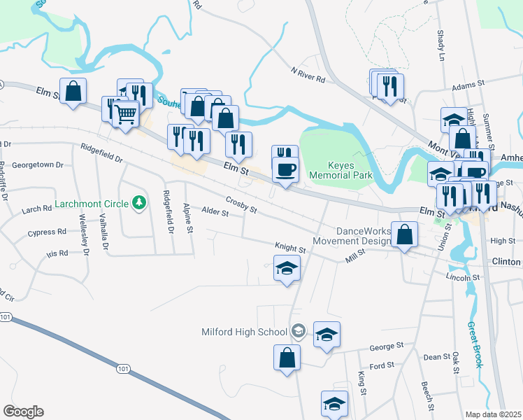 map of restaurants, bars, coffee shops, grocery stores, and more near 37 Crosby Street in Milford