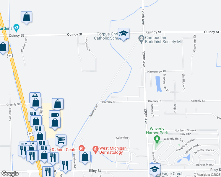 map of restaurants, bars, coffee shops, grocery stores, and more near 3700 Beeline Road in Holland