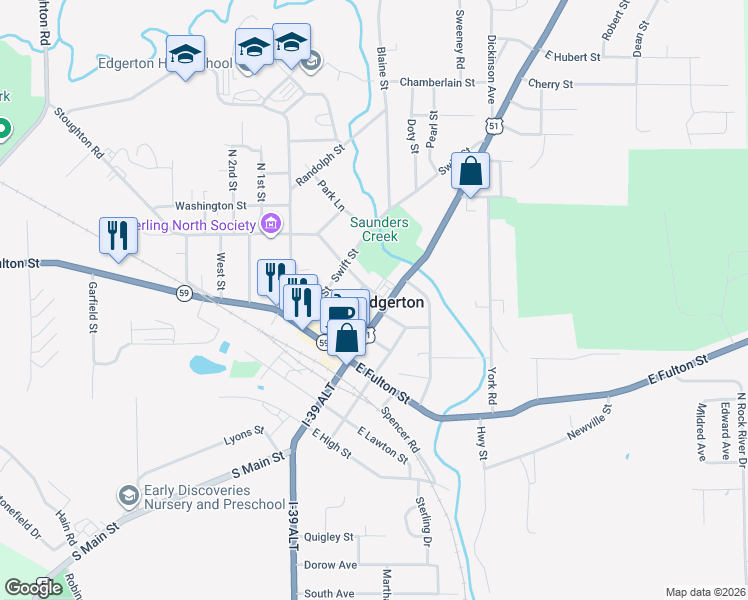 map of restaurants, bars, coffee shops, grocery stores, and more near 8 West Rollin Street in Edgerton