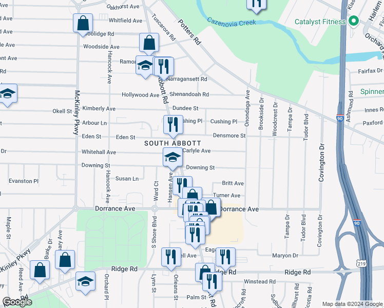 map of restaurants, bars, coffee shops, grocery stores, and more near 29 Carlyle Avenue in Buffalo