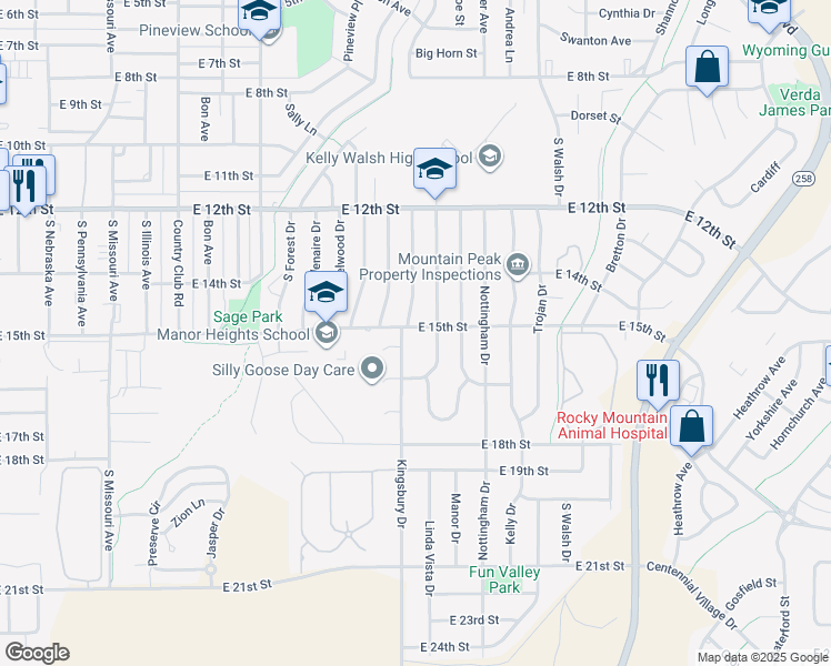 map of restaurants, bars, coffee shops, grocery stores, and more near 3451 East 15th Street in Casper