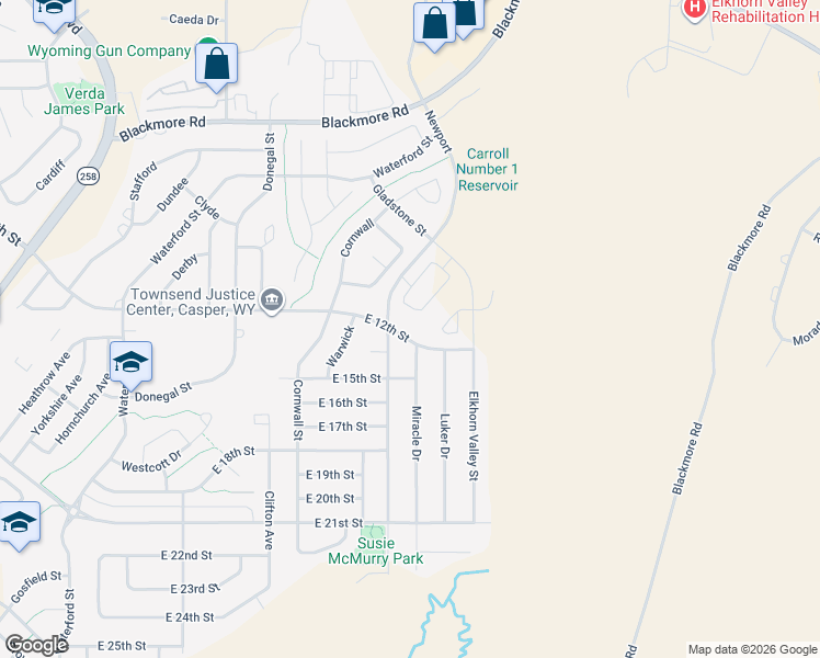 map of restaurants, bars, coffee shops, grocery stores, and more near 5280 East 12th Street in Casper