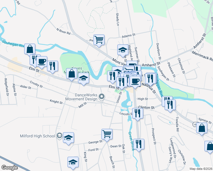 map of restaurants, bars, coffee shops, grocery stores, and more near 27 Elm Street in Milford