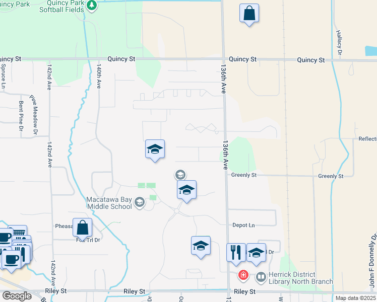 map of restaurants, bars, coffee shops, grocery stores, and more near 13728 Duncan Street in Holland