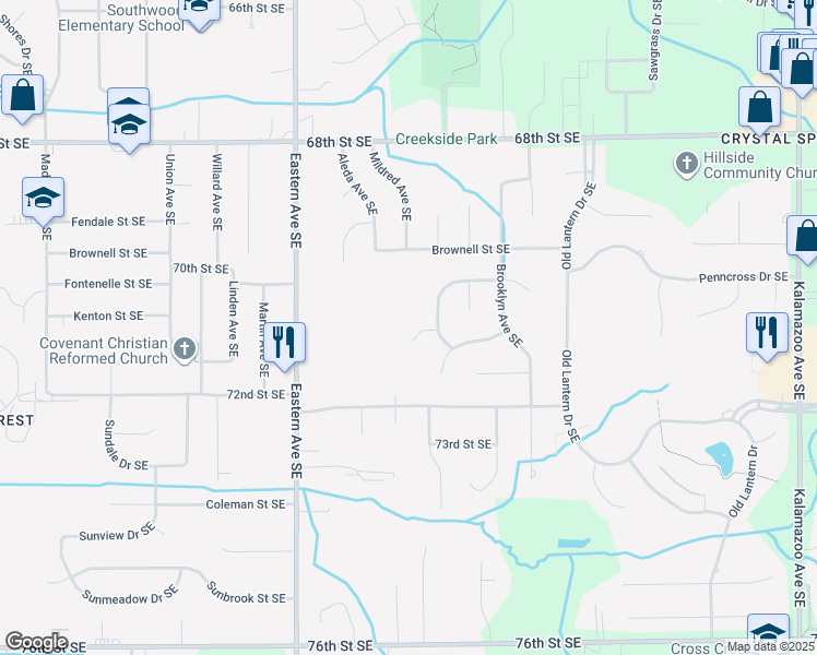 map of restaurants, bars, coffee shops, grocery stores, and more near 1027 Windrow Street Southeast in Grand Rapids
