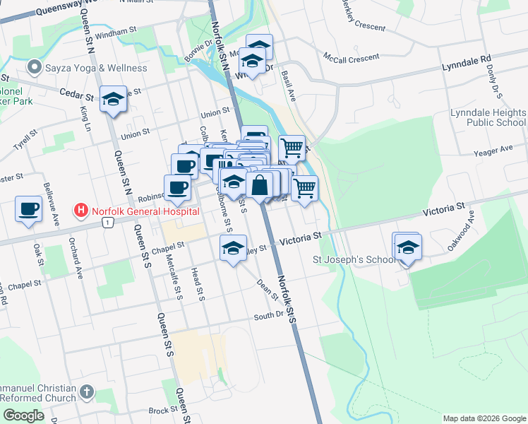 map of restaurants, bars, coffee shops, grocery stores, and more near 10 Water Street in Simcoe