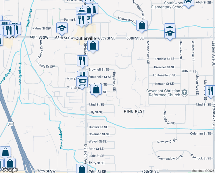 map of restaurants, bars, coffee shops, grocery stores, and more near 140 Kenton Street Southeast in Grand Rapids