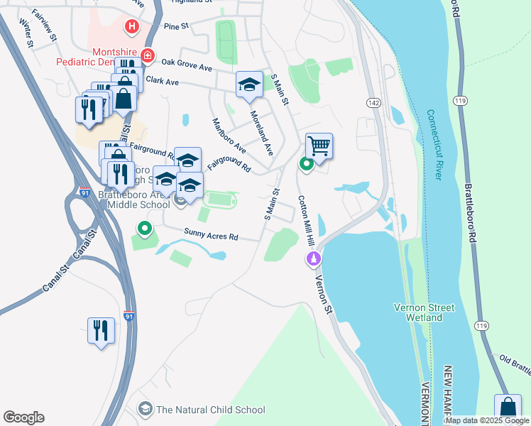 map of restaurants, bars, coffee shops, grocery stores, and more near 585 South Main Street in Brattleboro