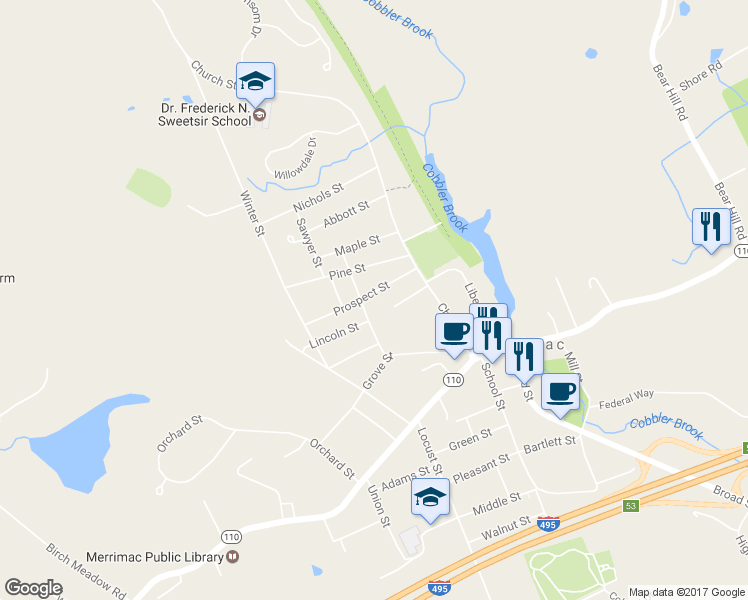 map of restaurants, bars, coffee shops, grocery stores, and more near 14 Prospect Street in Merrimac