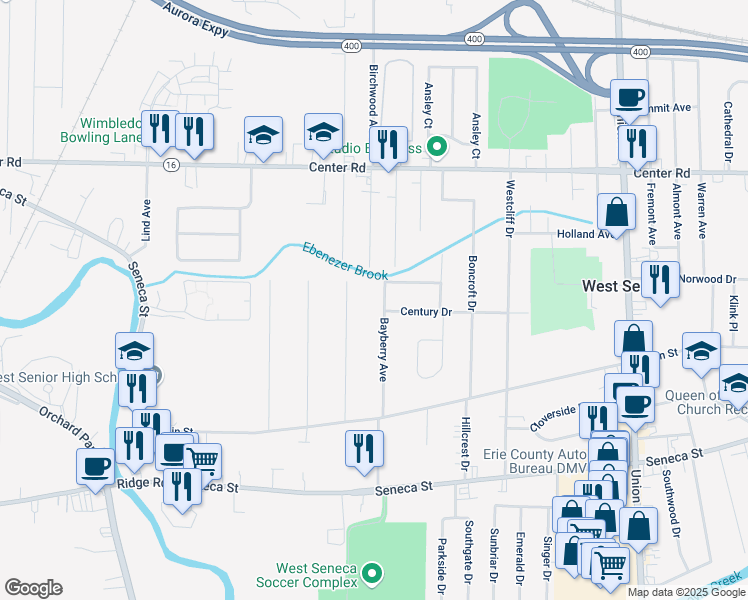 map of restaurants, bars, coffee shops, grocery stores, and more near 130 Bayberry Avenue in Buffalo