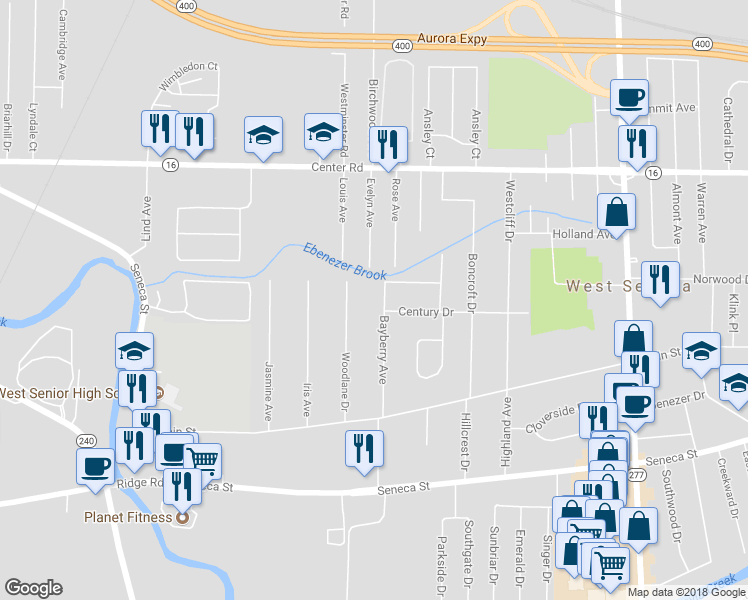 map of restaurants, bars, coffee shops, grocery stores, and more near 130 Bayberry Avenue in Buffalo