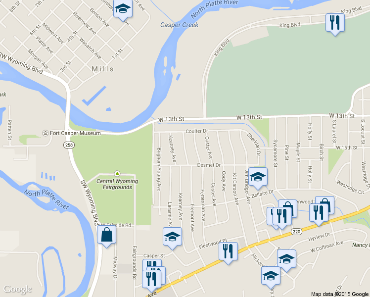 map of restaurants, bars, coffee shops, grocery stores, and more near 1446 Fremont Ave in Casper