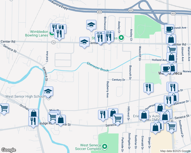 map of restaurants, bars, coffee shops, grocery stores, and more near 136 Woodlane Drive in Buffalo