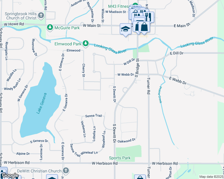 map of restaurants, bars, coffee shops, grocery stores, and more near 816 South Dewitt Drive in DeWitt